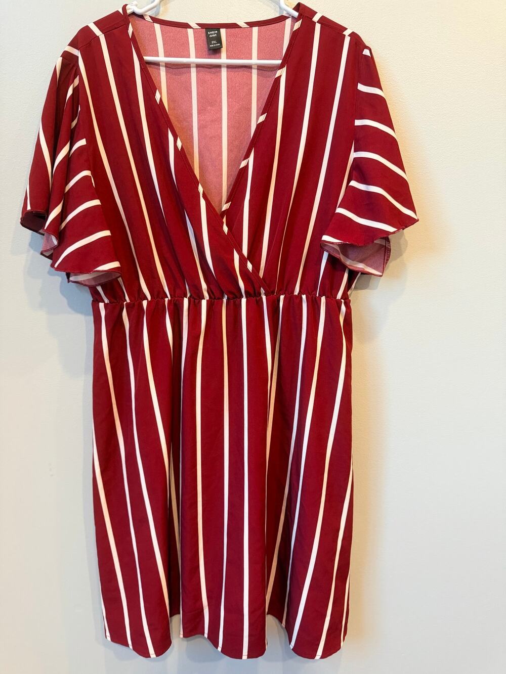 SHEIN Curve Burgundy White Striped Wrap Dress Flutter Sleeve 2XL